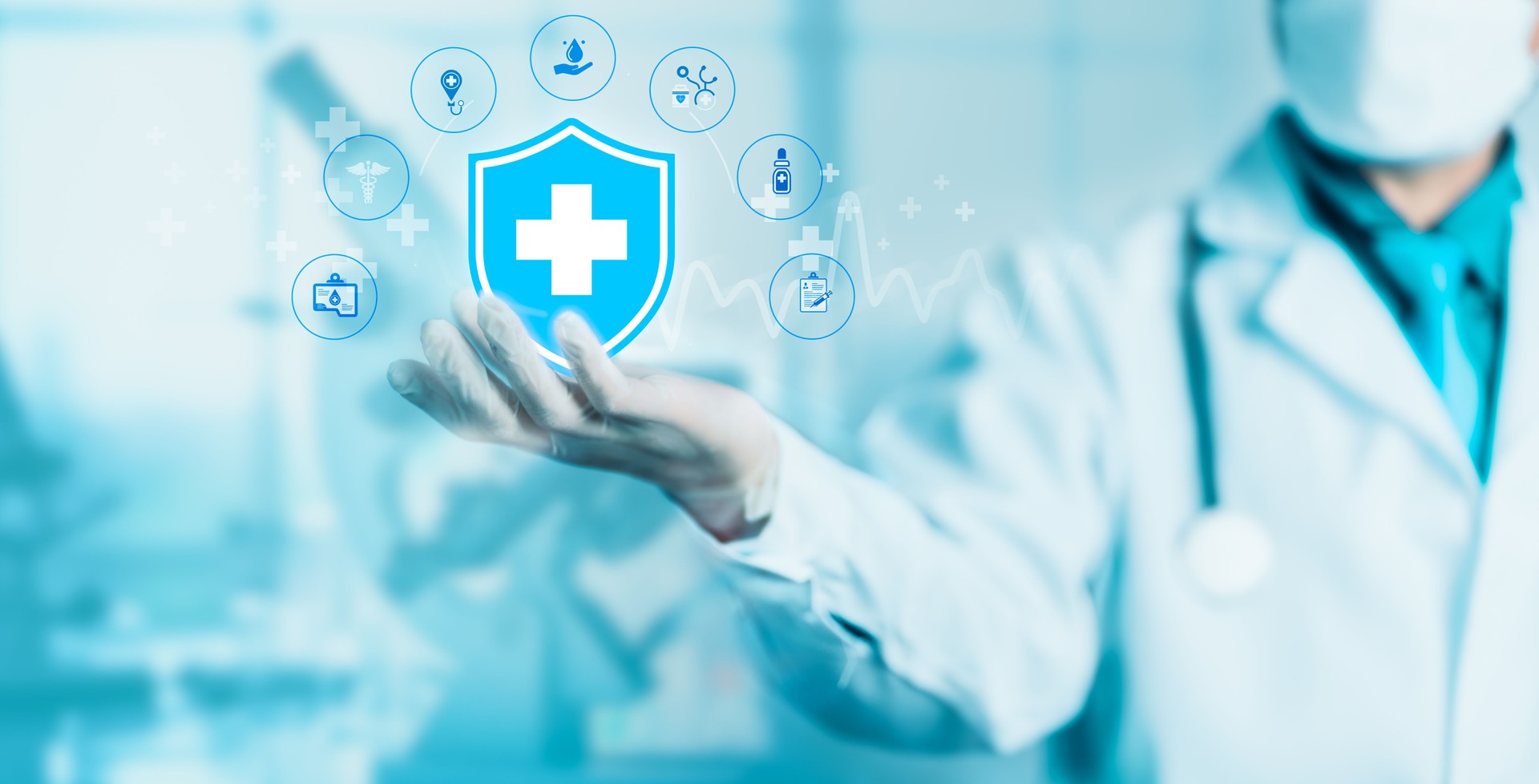Medical Doctor Holding Shield with Cross and Healthcare Icons for Health Insurance and Protection